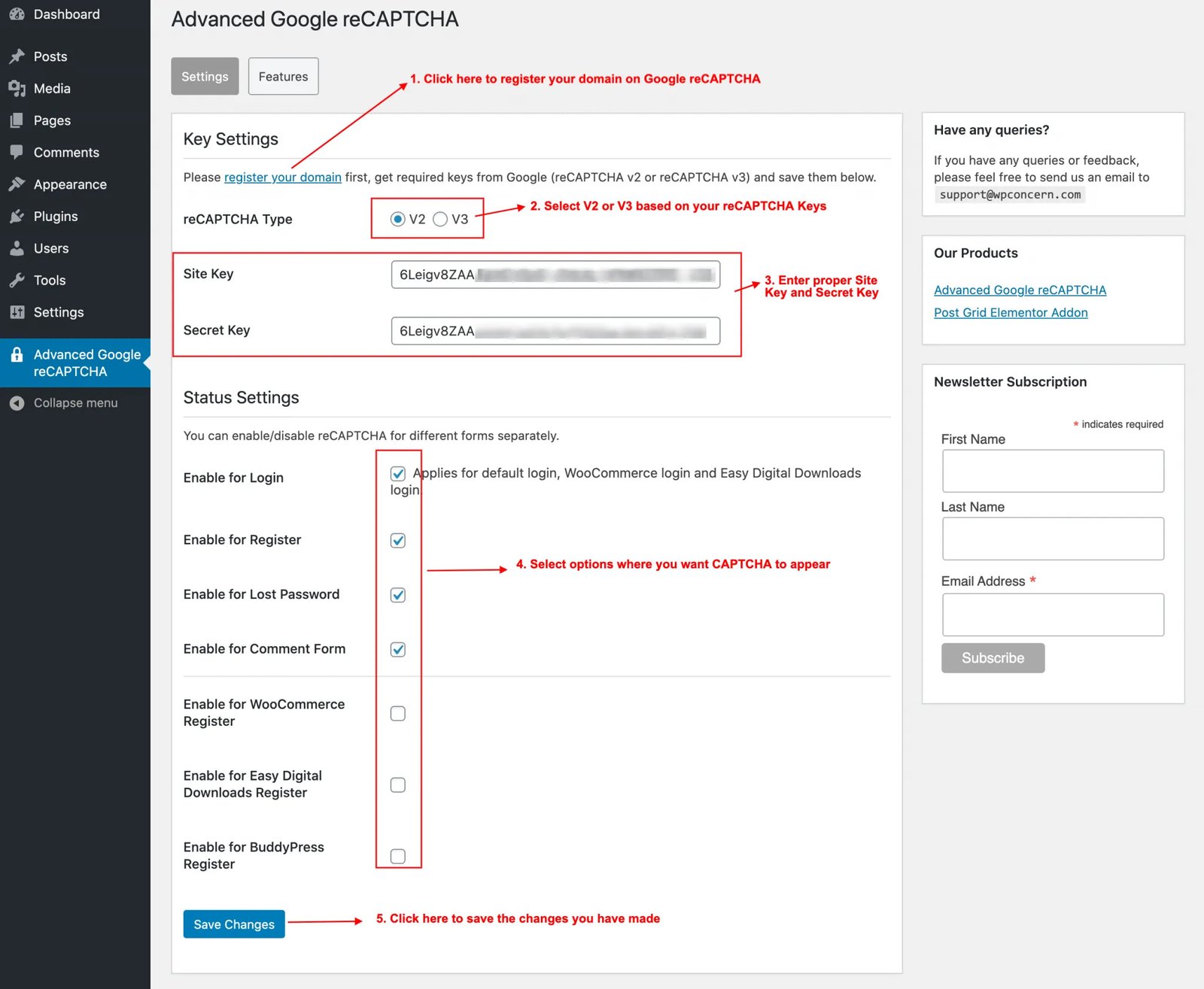 Advanced Google reCAPTCHA options